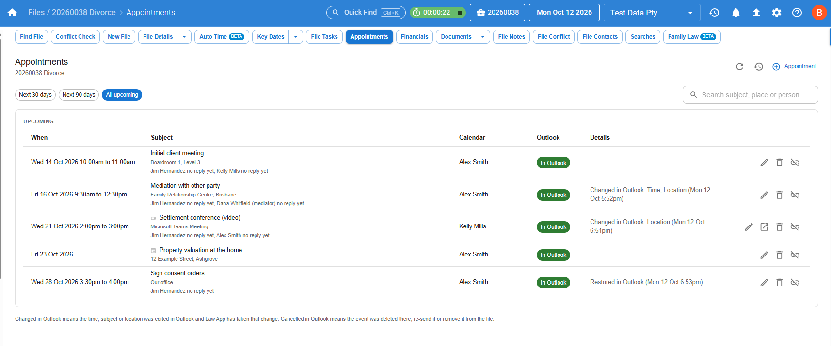 Appointments tab on file 20260038 showing upcoming appointments with When, Subject, Calendar, Outlook and Details columns, each marked In Outlook, and two rows showing Changed in Outlook details