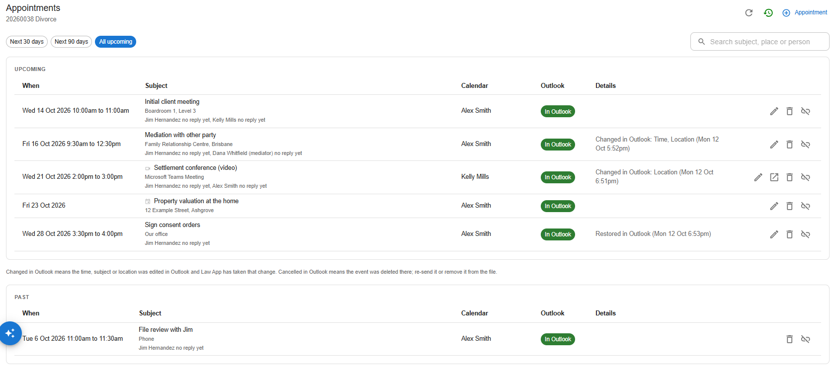 Appointments tab with past appointments shown in a separate Past section below the Upcoming list