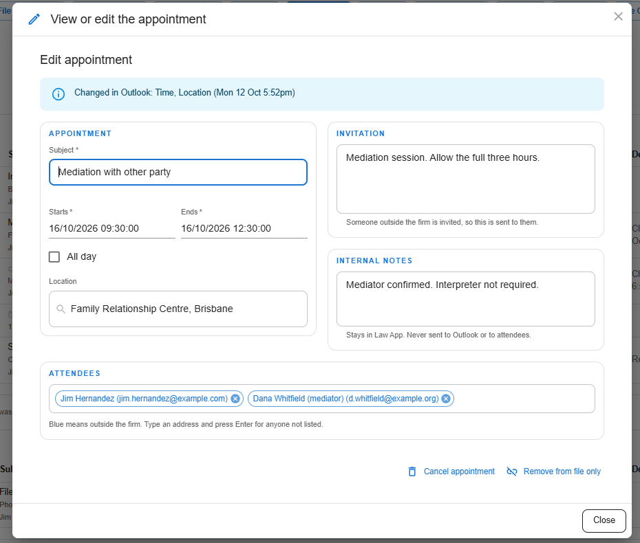 View or edit the appointment window with a blue bar reading Changed in Outlook: Time, Location, and the Appointment, Invitation, Internal notes and Attendees sections, with Cancel appointment and Remove from file only links at the bottom