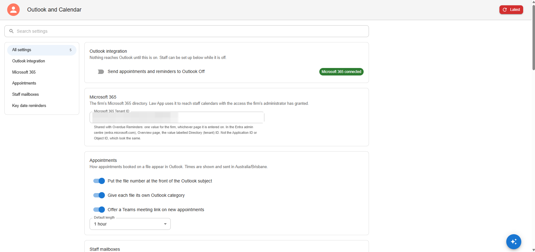 Outlook and Calendar settings page showing the Outlook integration switch, the Microsoft 365 connected badge, the Microsoft 365 Tenant ID field, and the Appointments options