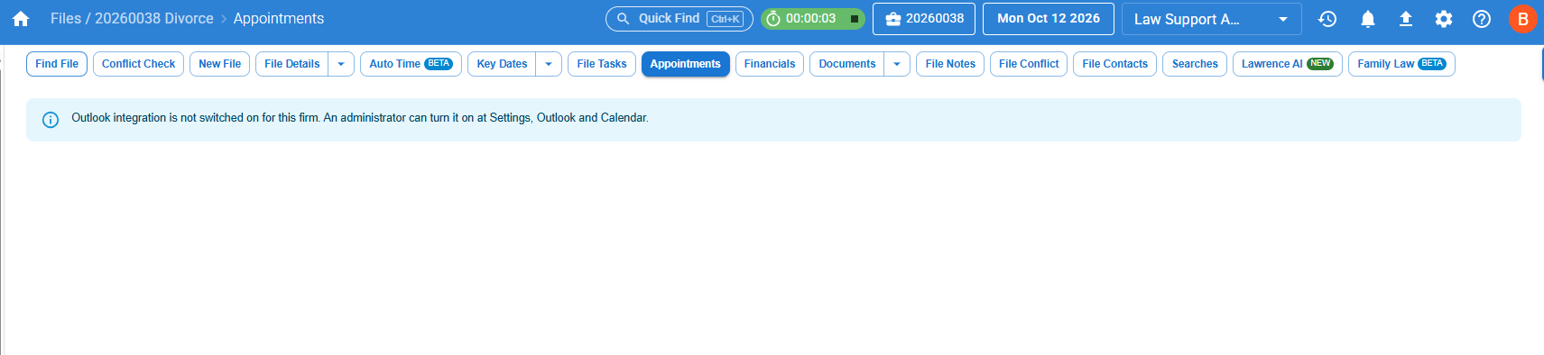 Appointments tab showing the message Outlook integration is not switched on for this firm. An administrator can turn it on at Settings, Outlook and Calendar