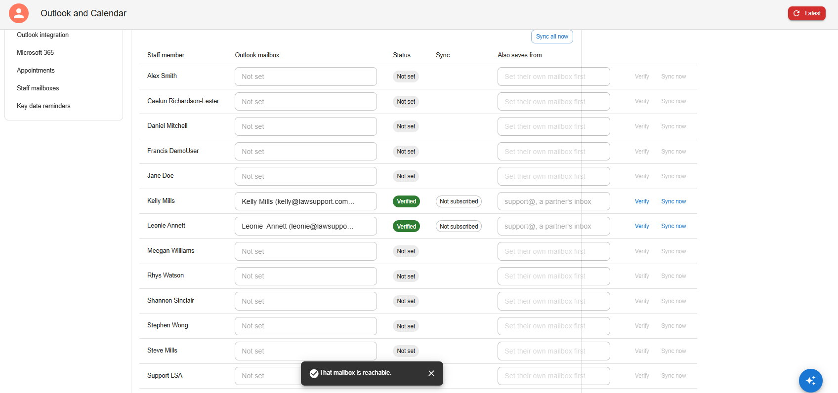 Staff mailboxes list with each staff member's Outlook mailbox, Verified status, Sync column, Also saves from field, and the Verify, Sync now and Sync all now buttons