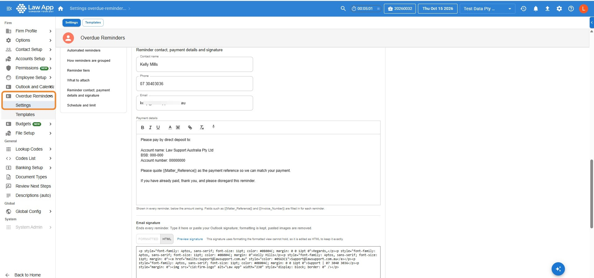 Reminder contact, payment details and signature block in Overdue Reminders settings, with the contact name, phone and email, the payment details editor, and the email signature with Formatted and HTML tabs and Preview signature