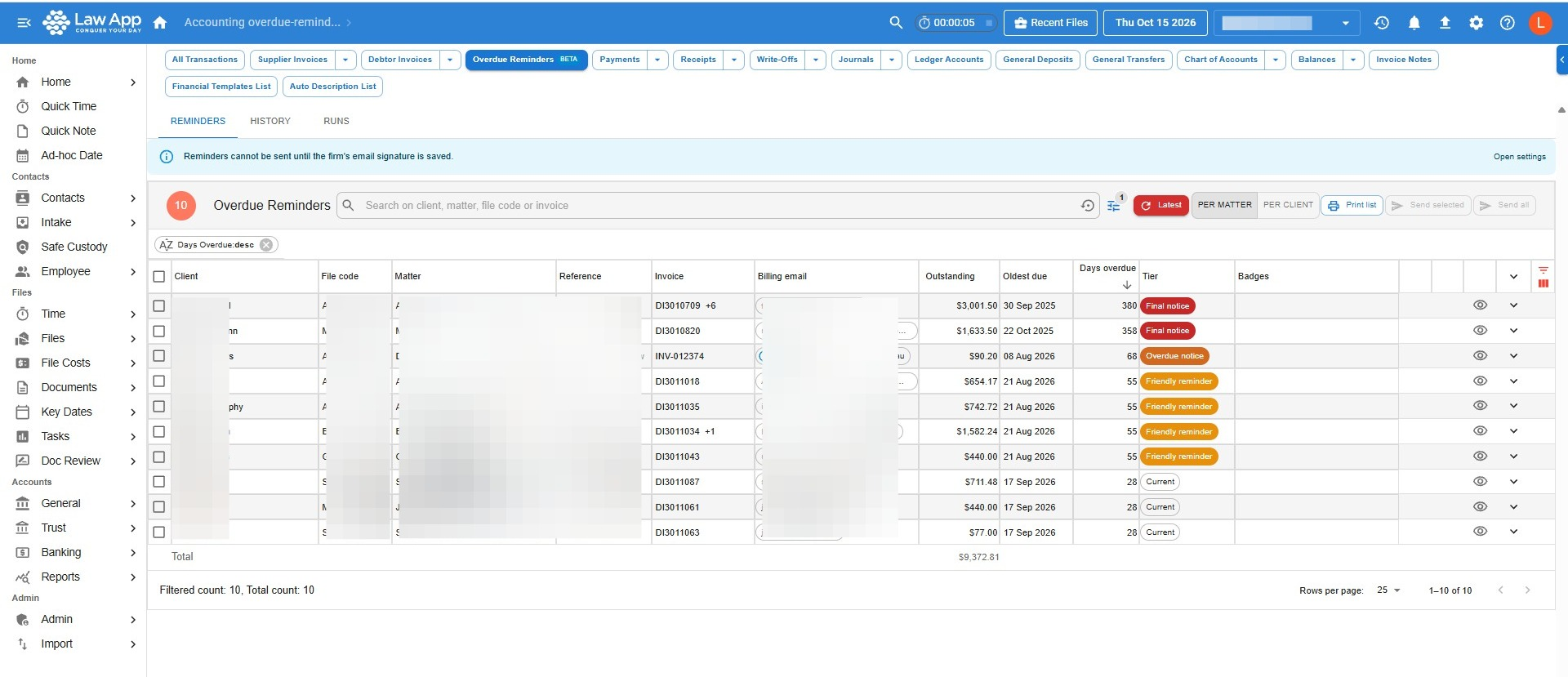 Overdue Reminders list with the notice Reminders cannot be sent until the firm's email signature is saved, an Open settings link, and the Send selected and Send all buttons greyed out