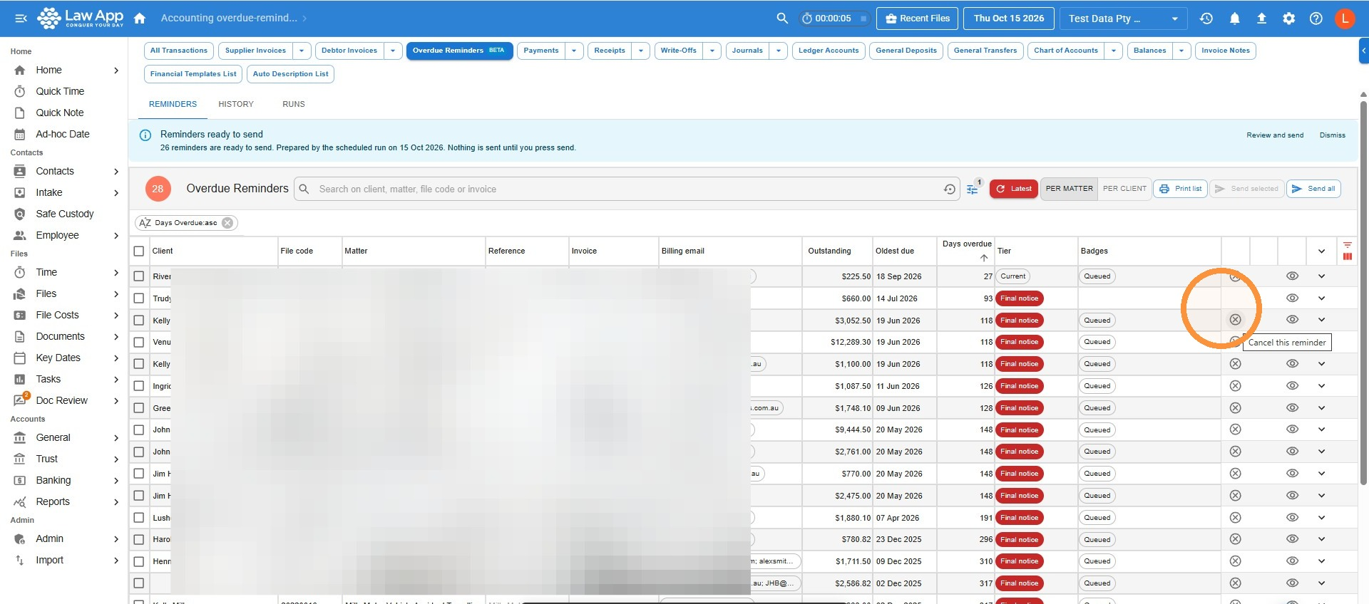 Overdue Reminders list in Per matter view with the Reminders ready to send banner, the Reminders, History and Runs tabs, search, filter, Per matter and Per client switch, Print list, Send selected and Send all buttons, and rows showing tiers, Queued badges and the cancel, preview and expand icons