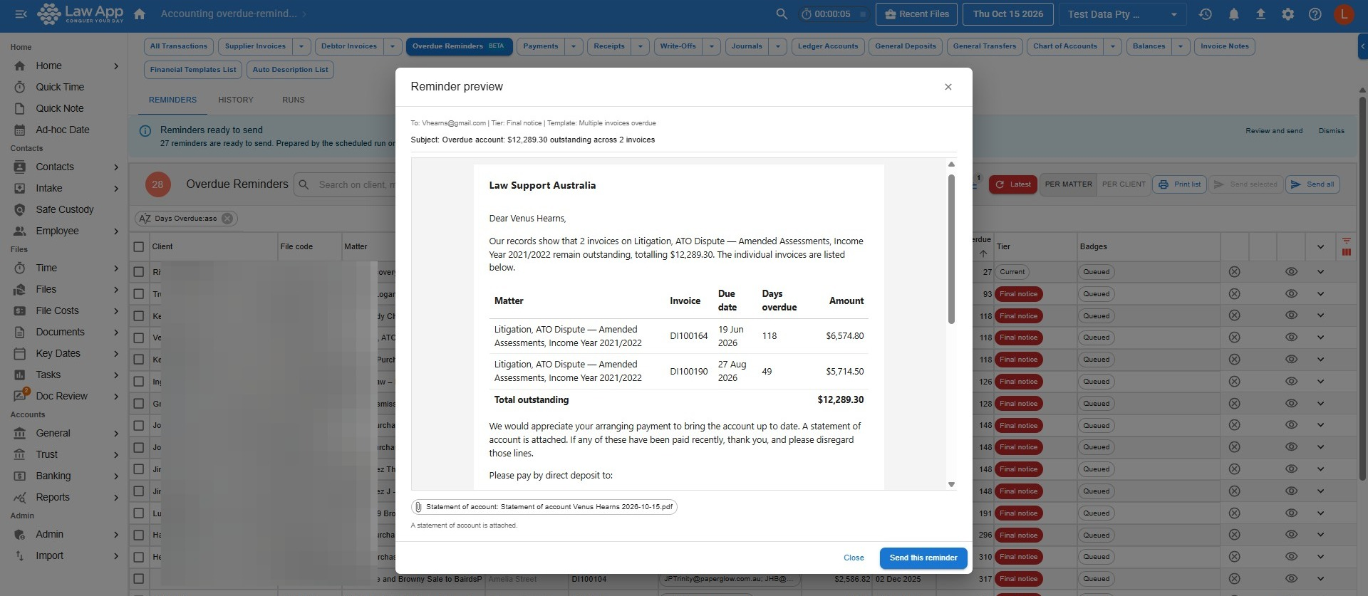 Reminder preview showing recipients, tier, template and attachments above the rendered email with the firm signature, logo and payment details, and the Send this reminder button