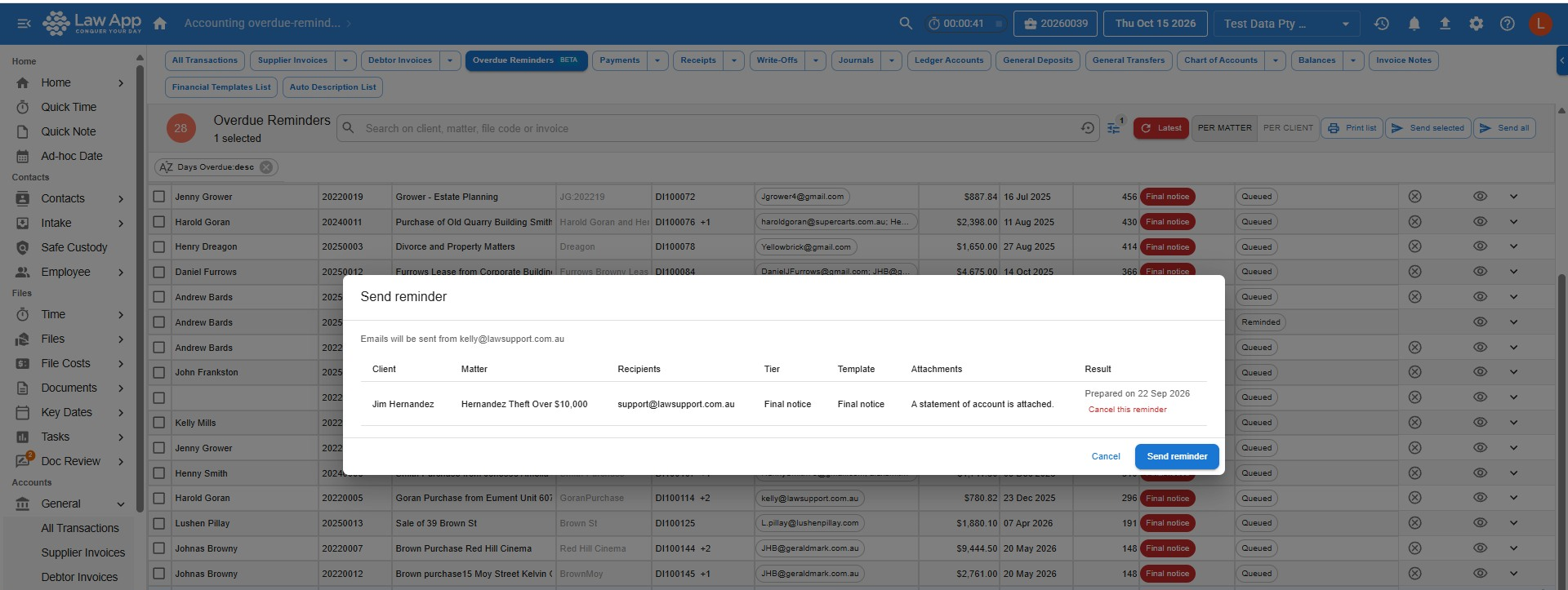 Send reminder box showing Emails will be sent from the firm mailbox, a reminder row with client, matter, recipients, tier, template, attachments and a Result column reading Prepared on 22 Sep 2026 with a Cancel this reminder link, and the Cancel and Send reminder buttons