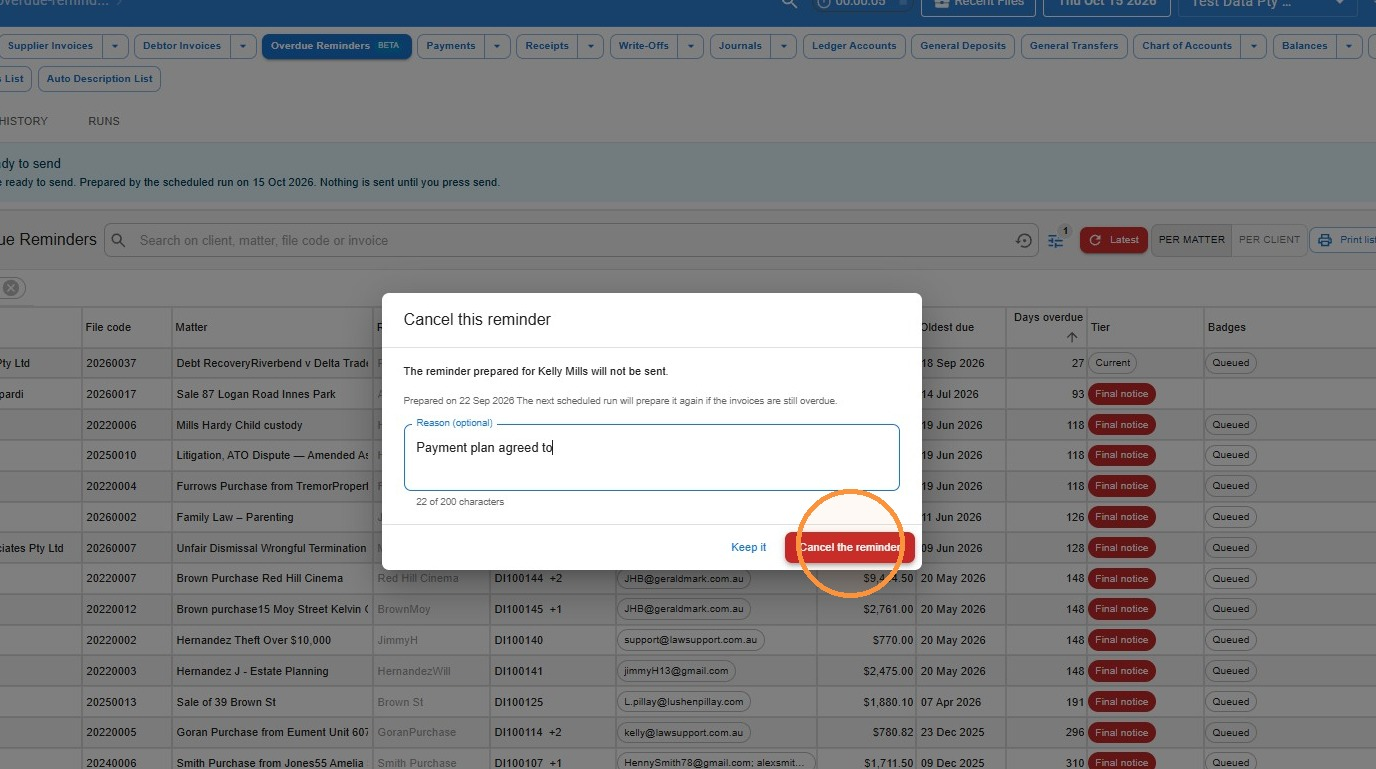 Cancel this reminder box with an optional reason, Payment plan agreed to, and the Keep it and Cancel the reminder buttons