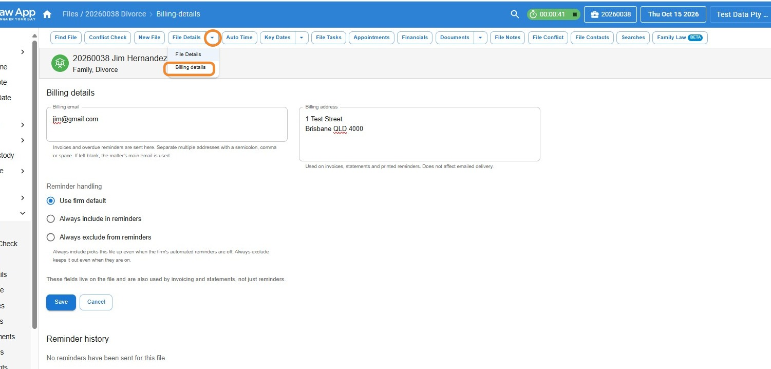 File Details menu open with Billing details selected, showing the Billing email and Billing address fields, the Reminder handling options Use firm default, Always include in reminders and Always exclude from reminders, the Save button and the Reminder history section