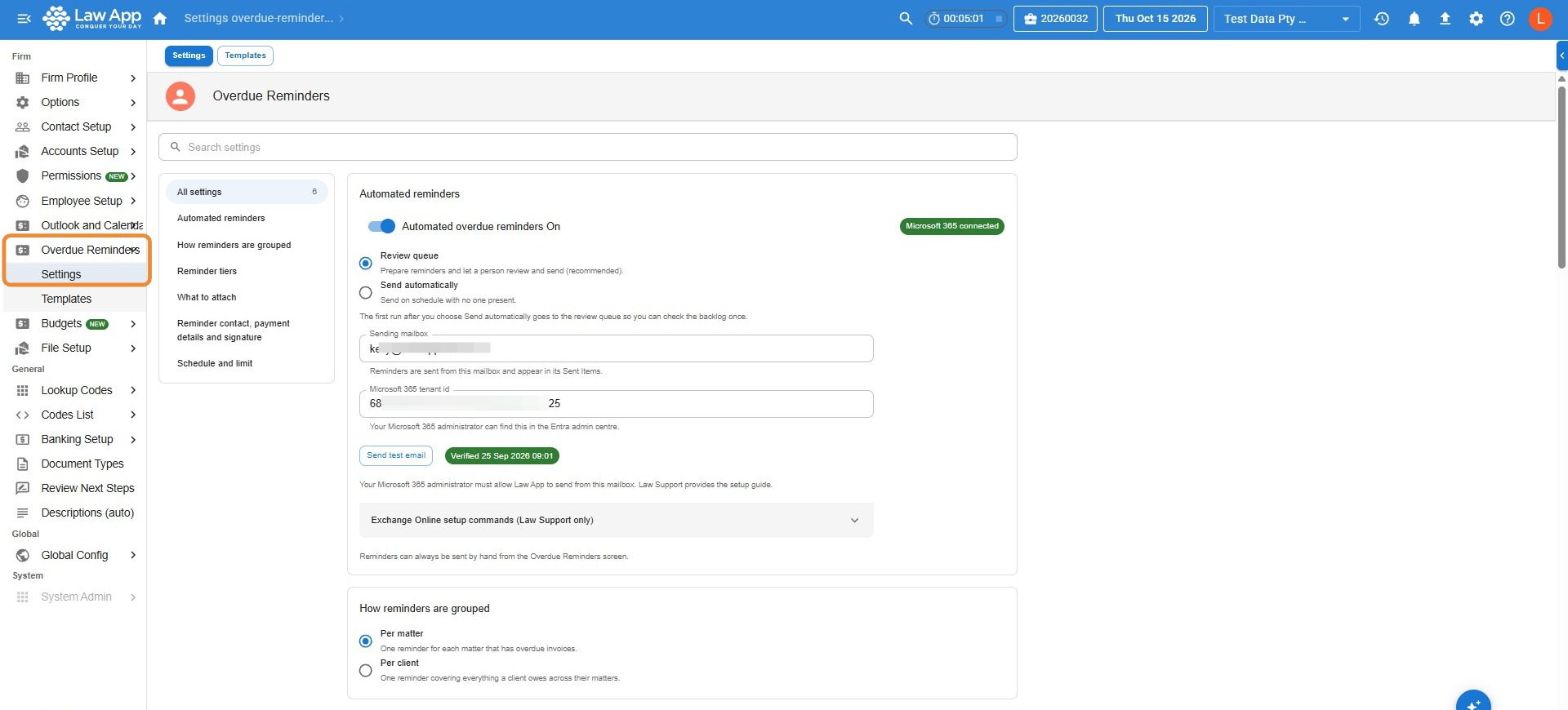 Settings, Overdue Reminders, Settings page with the Automated reminders block showing the On switch, Review queue and Send automatically options, the Microsoft 365 connected chip, Sending mailbox and Microsoft 365 tenant id fields, the Send test email button with a Verified date, and the How reminders are grouped block