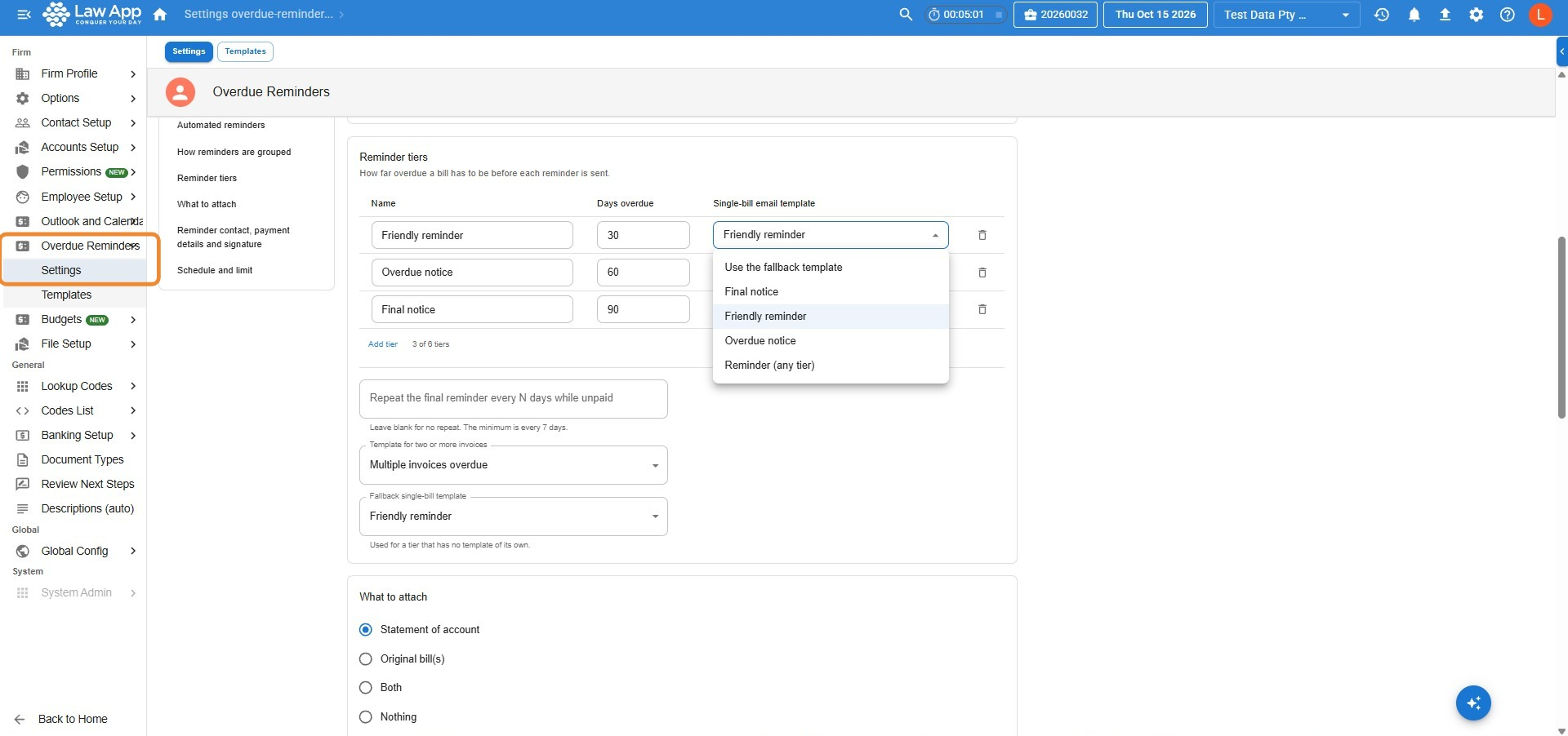 Reminder tiers table with Friendly reminder at 30 days, Overdue notice at 60 and Final notice at 90, the template dropdown open, the Add tier link, the Repeat the final reminder box, and the template for two or more invoices and fallback single-bill template dropdowns
