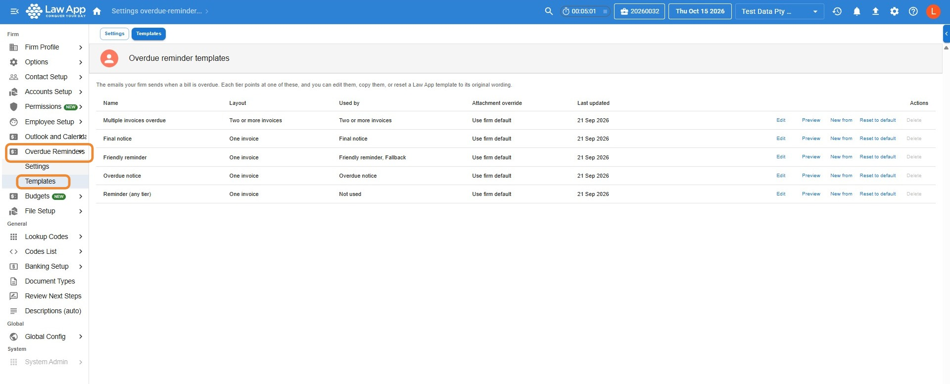 Overdue reminder templates list showing Multiple invoices overdue, Final notice, Friendly reminder, Overdue notice and Reminder (any tier) with their layout, Used by, Attachment override and Last updated, and the Edit, Preview, New from, Reset to default and Delete actions