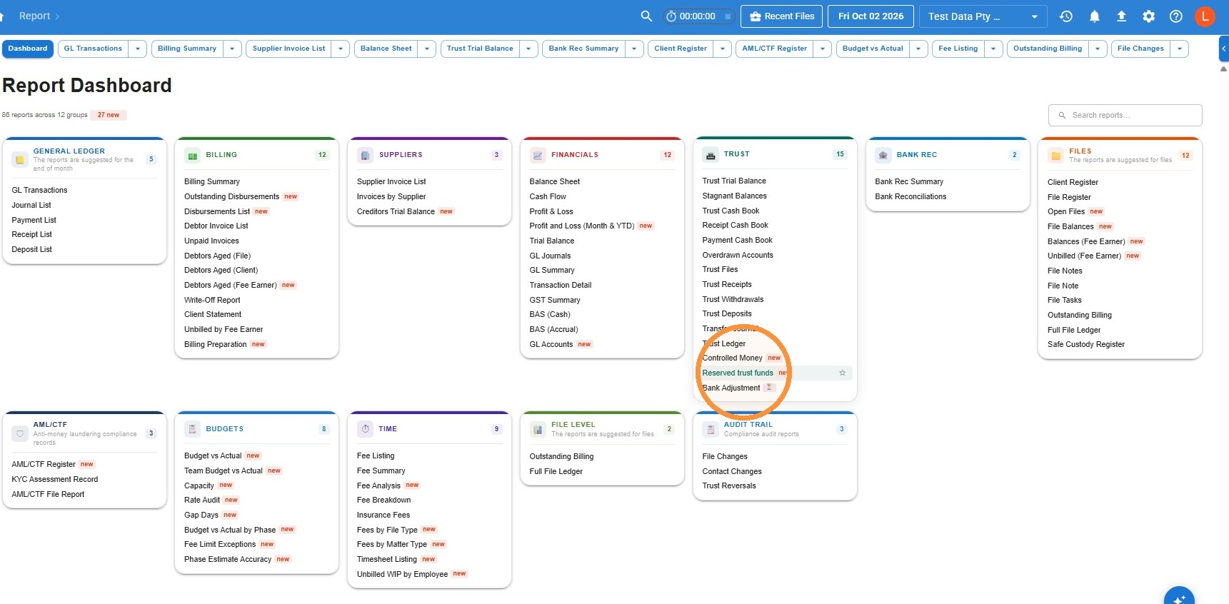 Report Dashboard in Law App with the Trust group of reports shown and Reserved trust funds circled near the bottom of the list