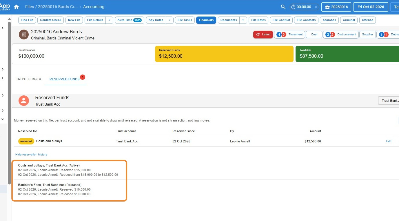 Reservation history in Law App showing an active Costs and outlays reservation reduced from $15,000 to $12,500, and a released Barrister's Fees reservation of $10,000, each with date and user