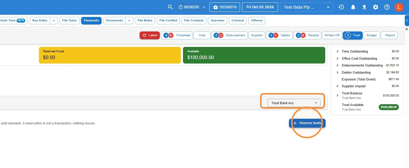 Reserved Funds tab in Law App with the trust account drop-down set to Trust Bank Acc highlighted and the Reserve funds button circled
