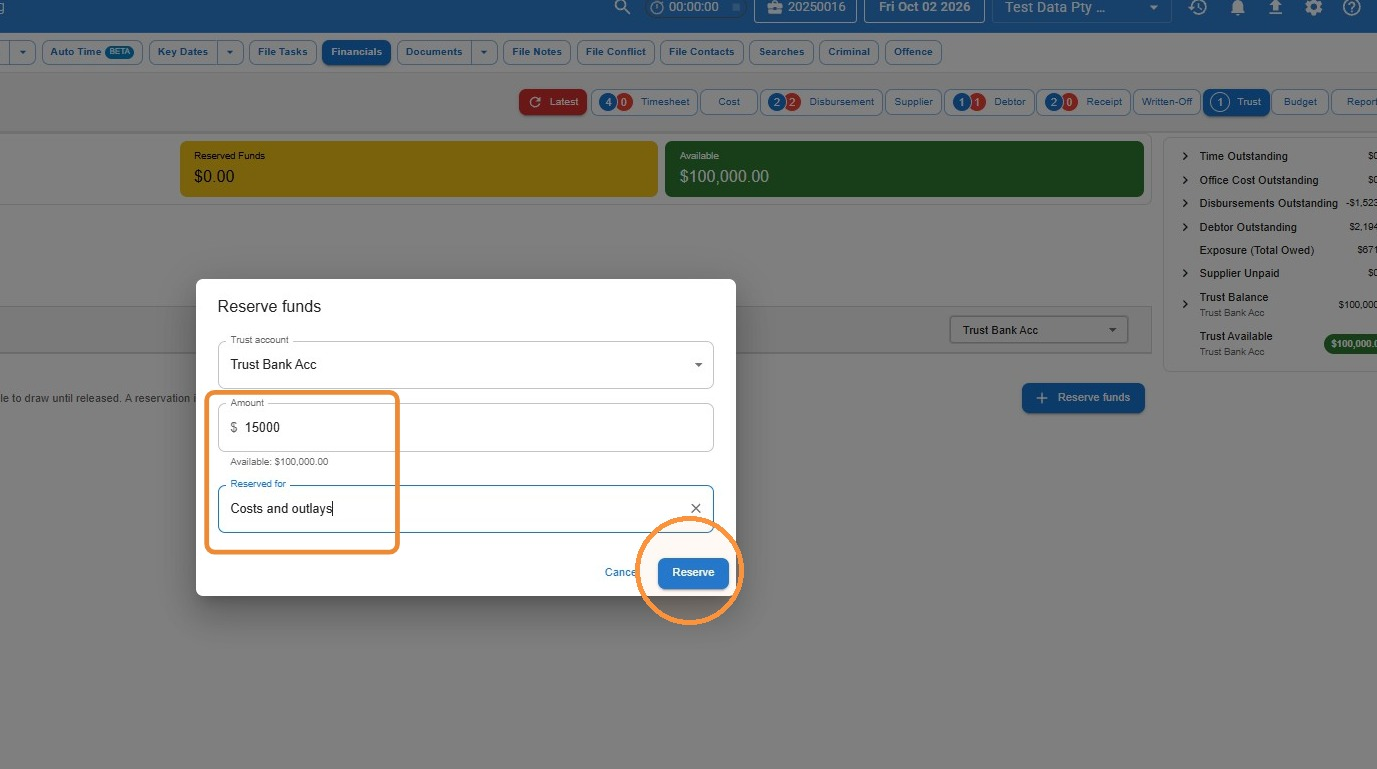 Reserve funds dialog in Law App showing the Trust account, an Amount of 15000 with the available balance underneath, Reserved for set to Costs and outlays, and the Reserve button circled