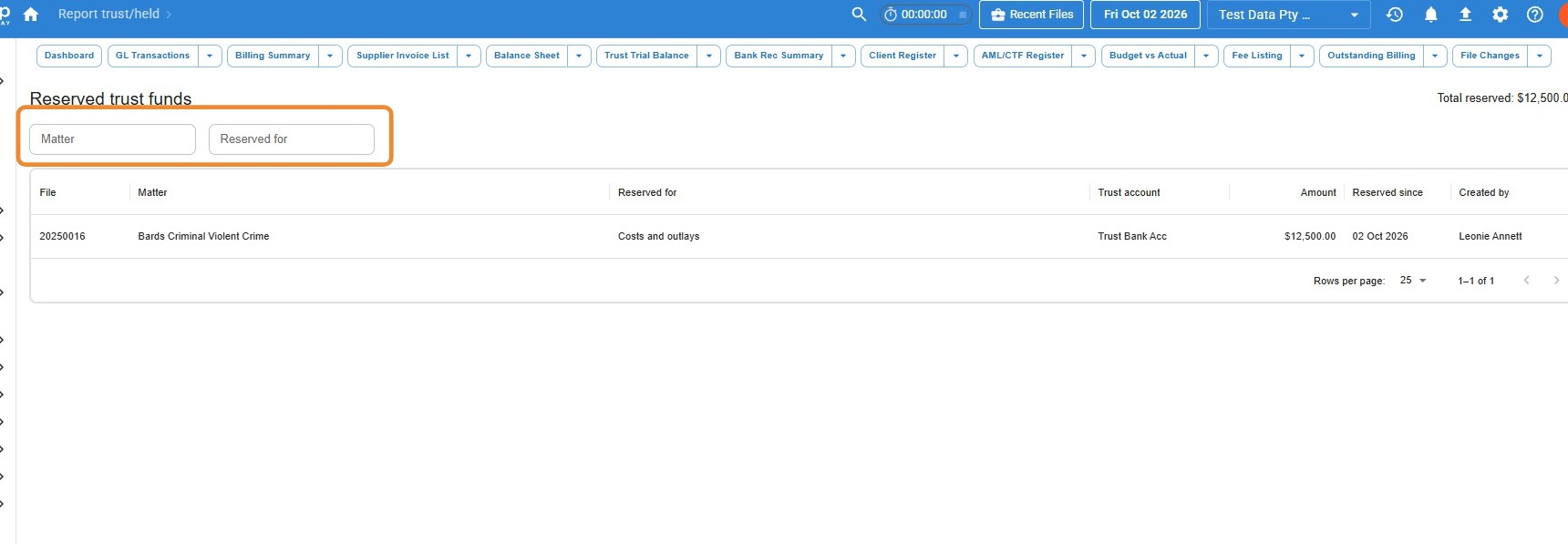 Reserved trust funds report in Law App with the Matter and Reserved for search boxes highlighted above a list showing file, matter, reserved for, trust account, amount, reserved since and created by
