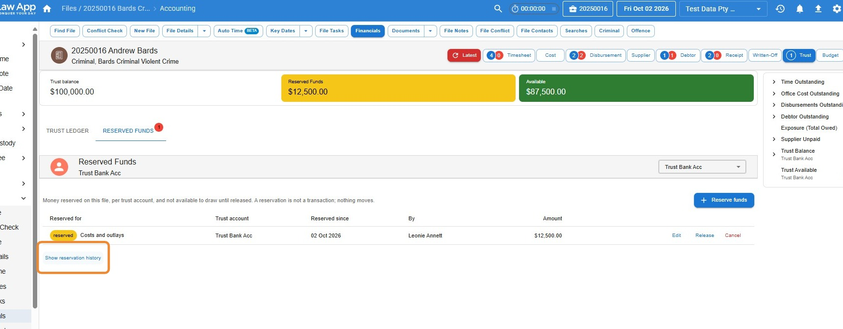 Reserved Funds tab in Law App with one active reservation for Costs and outlays and the Show reservation history link highlighted below it