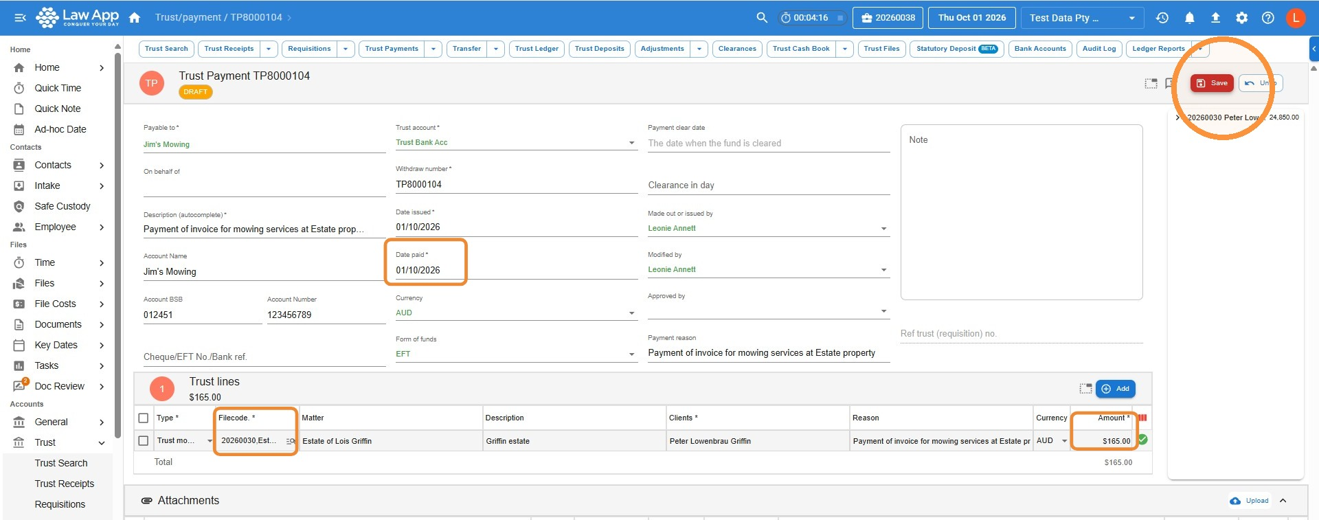 Draft trust payment in Law App with the Date paid, Filecode and Amount fields highlighted and the Save button circled