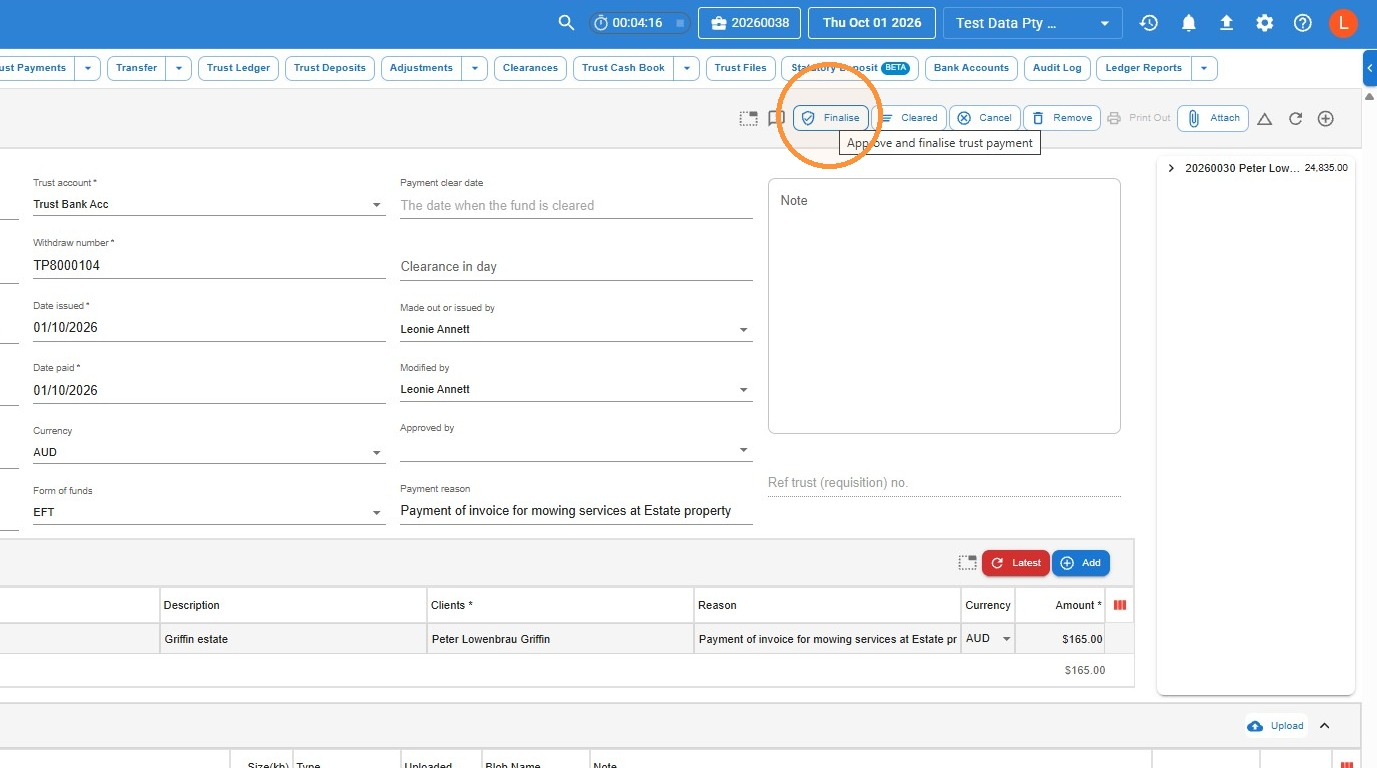 Draft trust payment in Law App with the Finalise button circled and its Approve and finalise trust payment tooltip showing