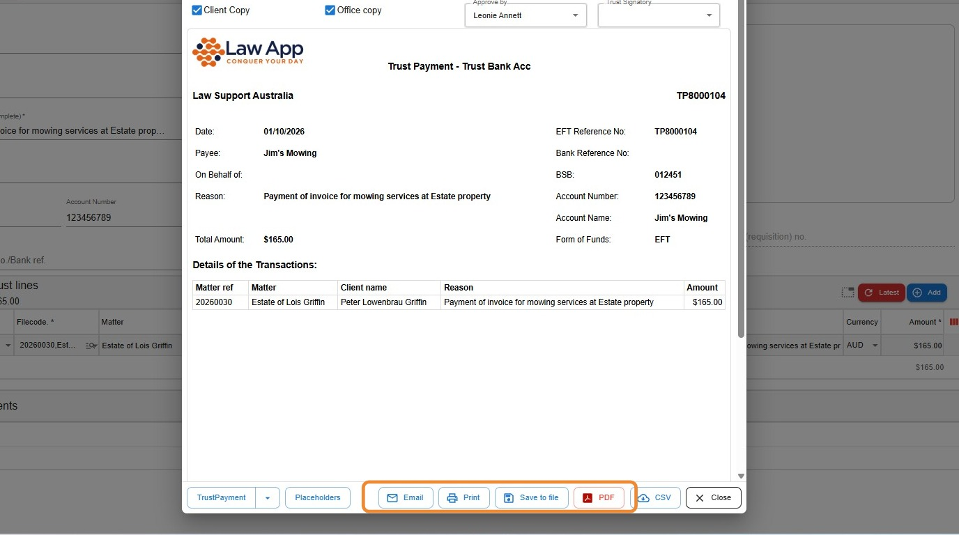 Trust payment form preview in Law App with the Email, Print, Save to file and PDF buttons highlighted