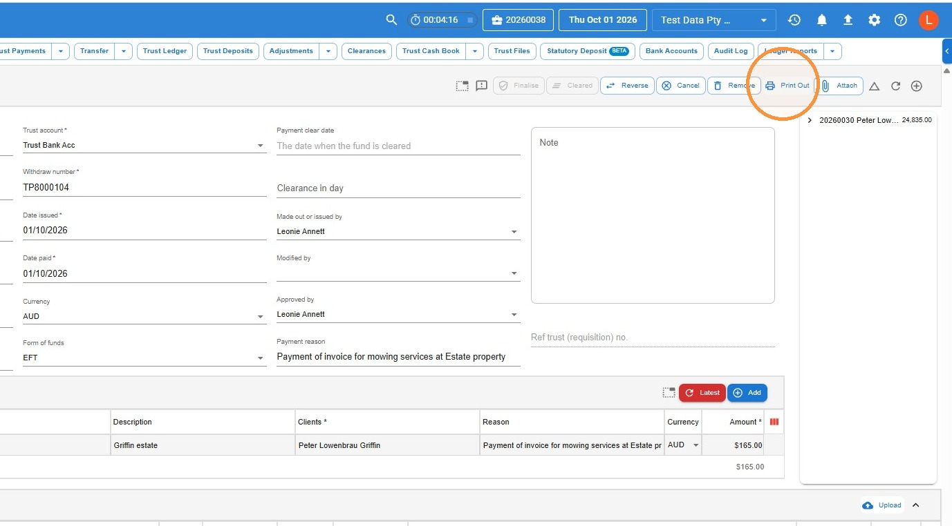 Finalised trust payment in Law App with the Print Out button circled