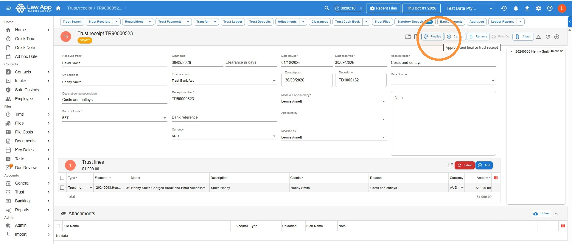 Draft trust receipt in Law App with the Finalise button circled and its Approve and finalise trust receipt tooltip showing