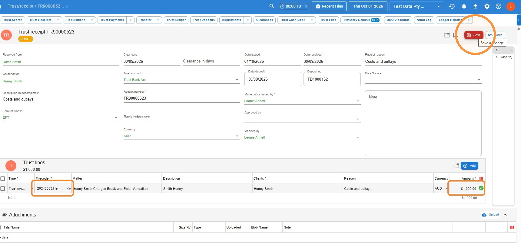 Draft trust receipt in Law App with the Filecode and Amount fields on the trust line highlighted and the Save button circled