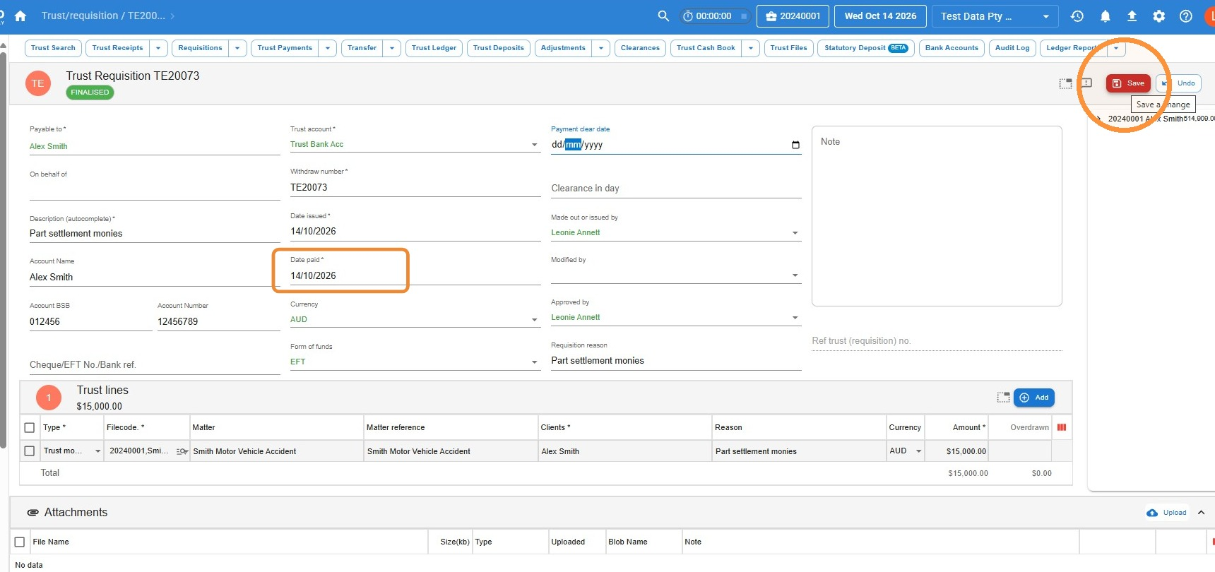 Finalised trust requisition in Law App with the Date paid field highlighted and the Save button circled