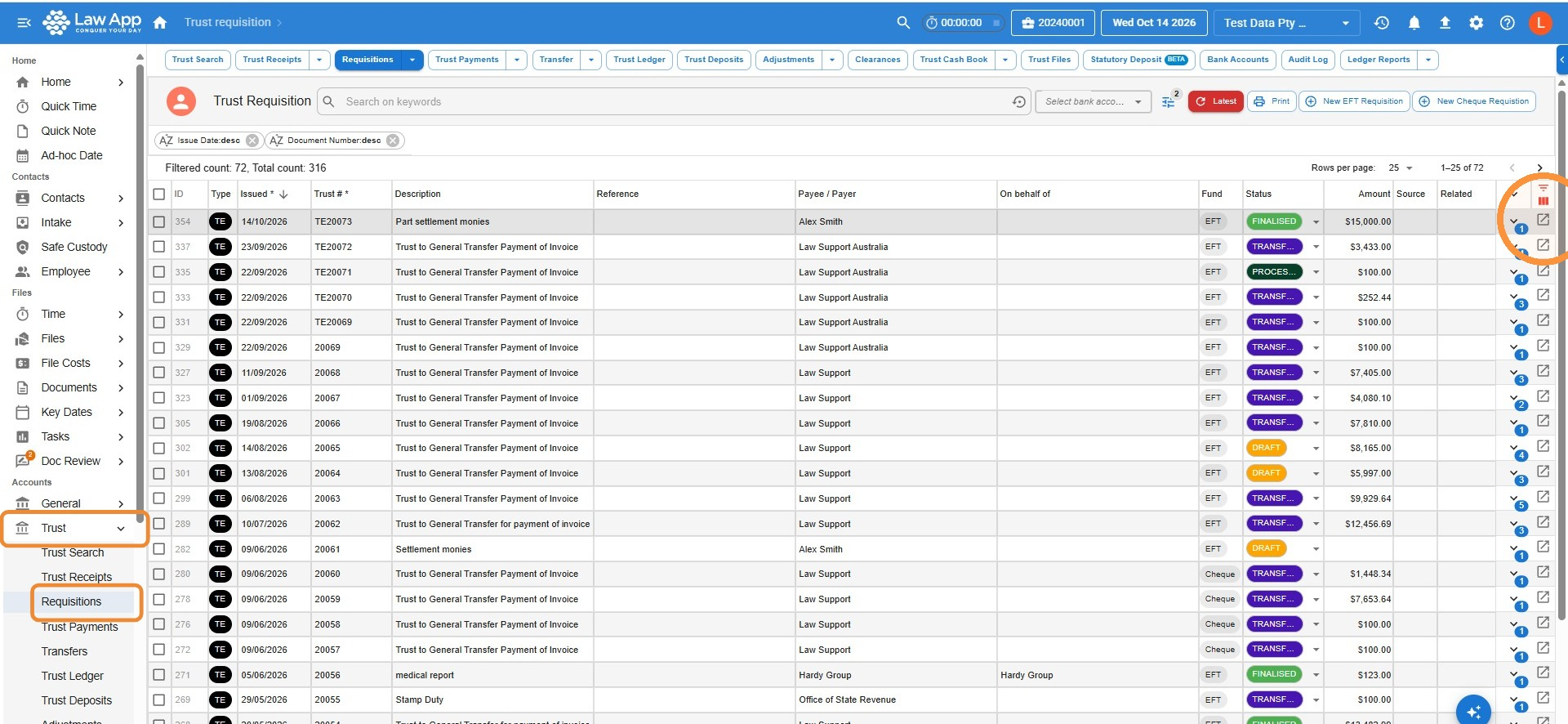 Trust Requisition listing in Law App with Trust and Requisitions highlighted in the left menu and the open icon circled on a finalised requisition