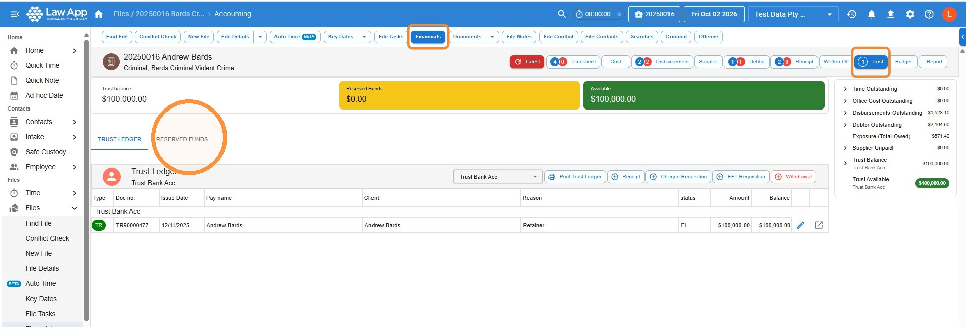 File Financials screen in Law App with the Financials and Trust buttons highlighted and the Reserved Funds tab circled next to Trust Ledger, above Trust balance, Reserved Funds and Available totals